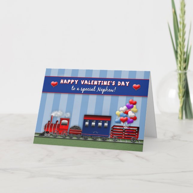 VALENTINE'S DAY - Nephew - Train- Heart Balloons Holiday Card (Front)