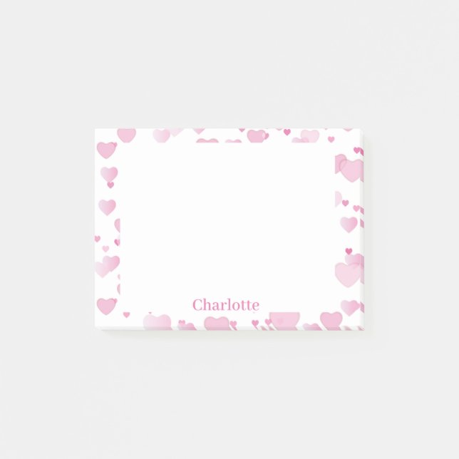 Valentine's Day Office Gift Pink Hearts & Name Post-it Notes (Front)