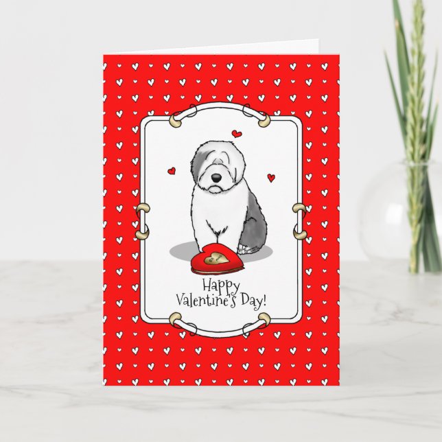 Valentine's Day Old English Sheepdog Gray 1 Cute Card (Front)