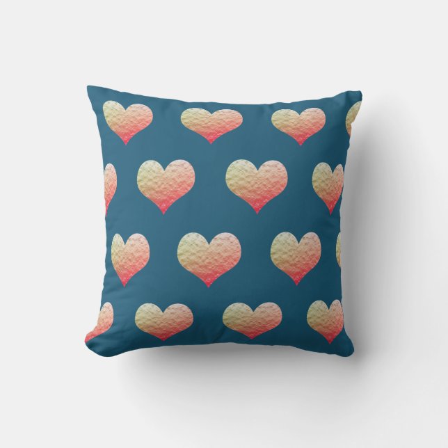 Valentines Day Ombre Gold Heart Pattern Ocean Blue Outdoor Pillow (Front)