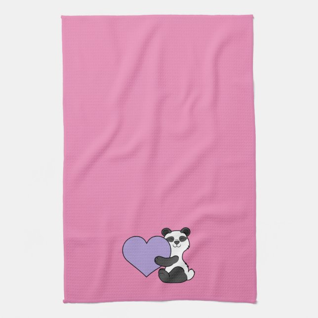 Valentine's Day Panda Bear with Light Purple Heart Kitchen Towel (Vertical)