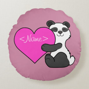 Valentine's Day Panda Bear with Pink Heart Round Pillow