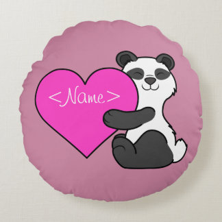Valentine's Day Panda Bear with Pink Heart Round Pillow