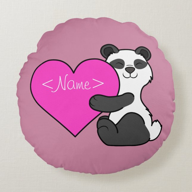 Valentine's Day Panda Bear with Pink Heart Round Pillow (Front)