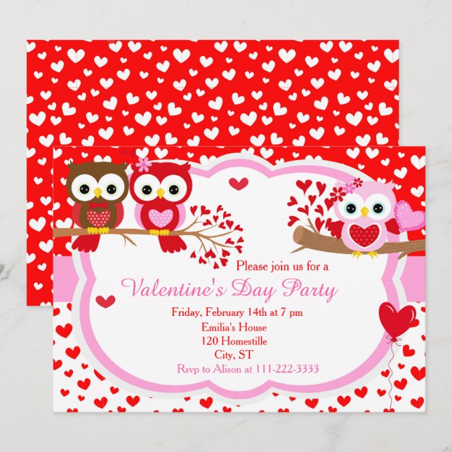 Valentines Day Party Cute Valentine Owls Invitation (Front/Back)