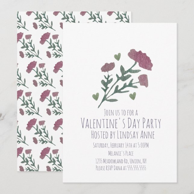 Valentines Day Party Heart Watercolor Flowers Invitation (Front/Back)