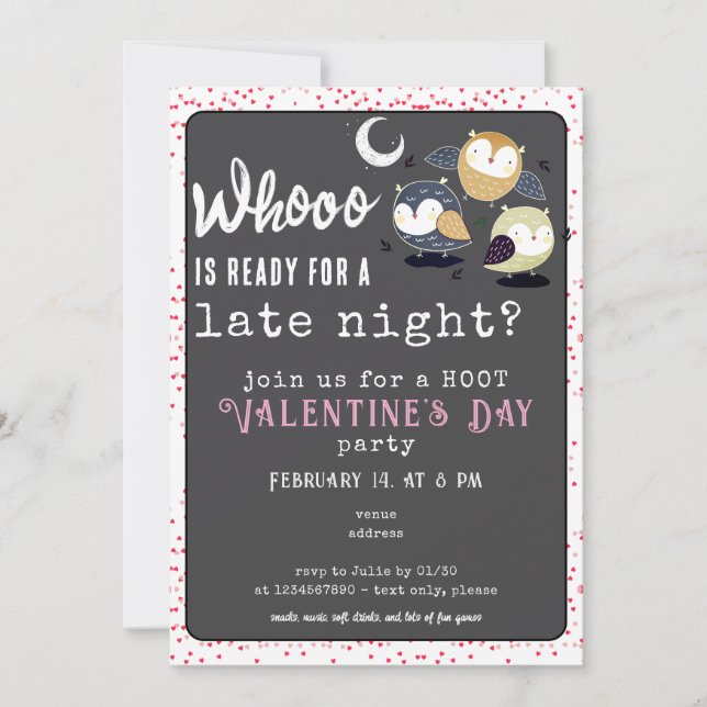 Valentine's Day Party Late Night Owl Themed Invitation (Front)
