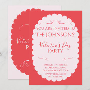 Valentines Day Party Pink and Red Scalloped Border Invitation