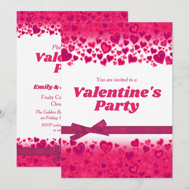 Valentine's day party pink hearts and bow invitation (Front/Back)