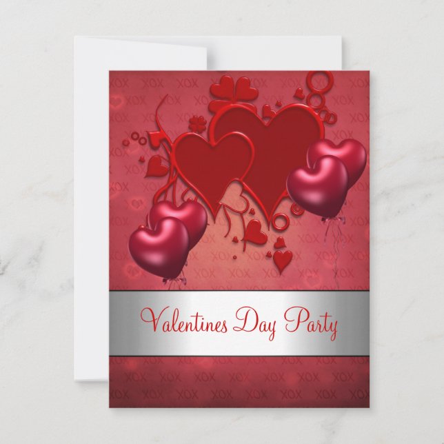 Valentines Day Party Red Love Heart Balloons Invitation (Front)