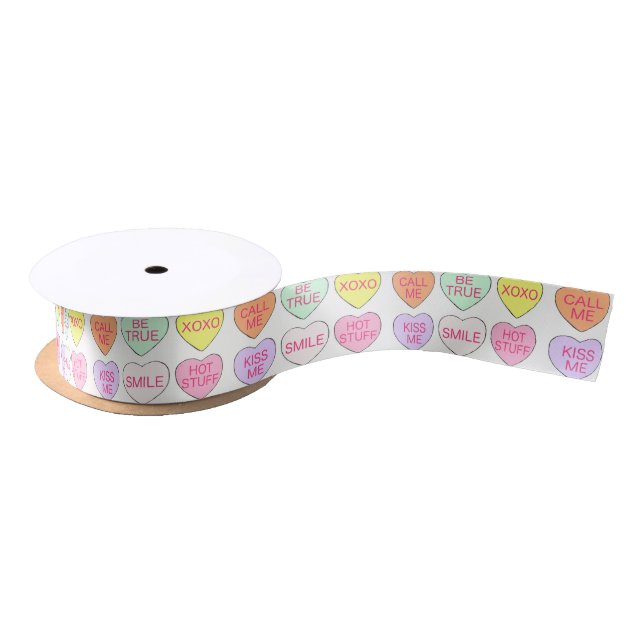 Valentine's Day Pastel Candy Conversation Hearts Satin Ribbon (Spool)