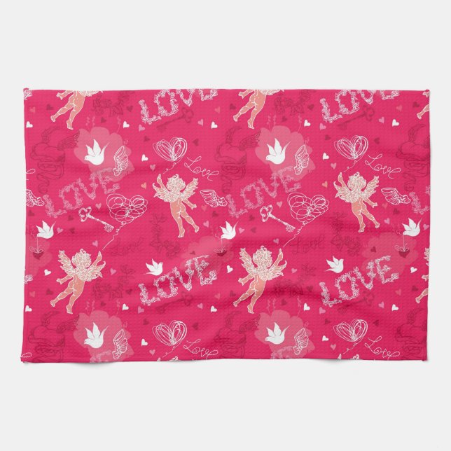 Valentine's Day  Pattern With Cupid Kitchen Towel (Horizontal)