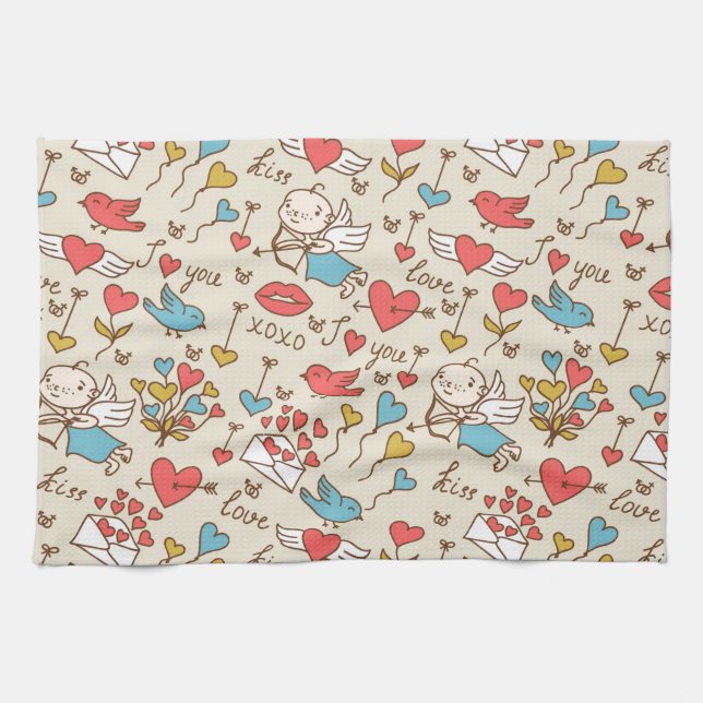 Valentine's Day Pattern with Cupid Kitchen Towel (Horizontal)