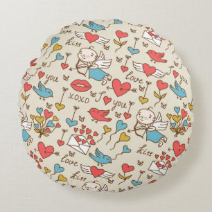 Valentine's Day Pattern with Cupid Round Pillow