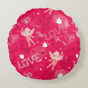 Valentine's Day Pattern With Cupid Round Pillow