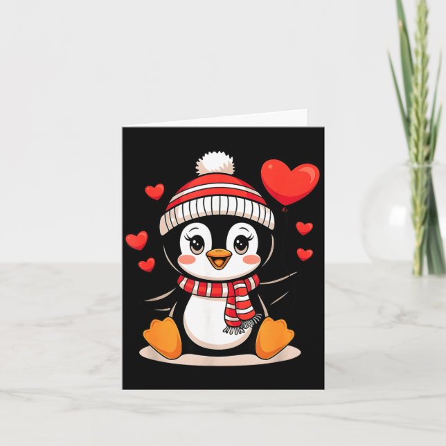 Valentine's Day Penguin Heart Balloon Cute  Card (Front)