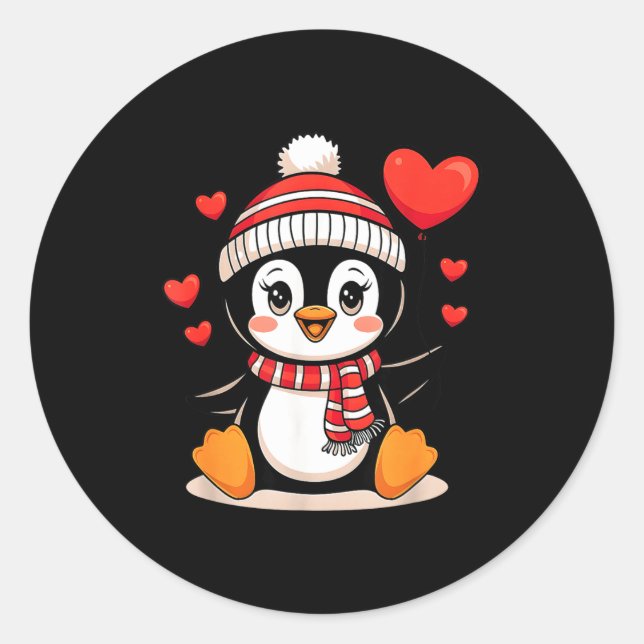 Valentine's Day Penguin Heart Balloon Cute  Classic Round Sticker (Front)
