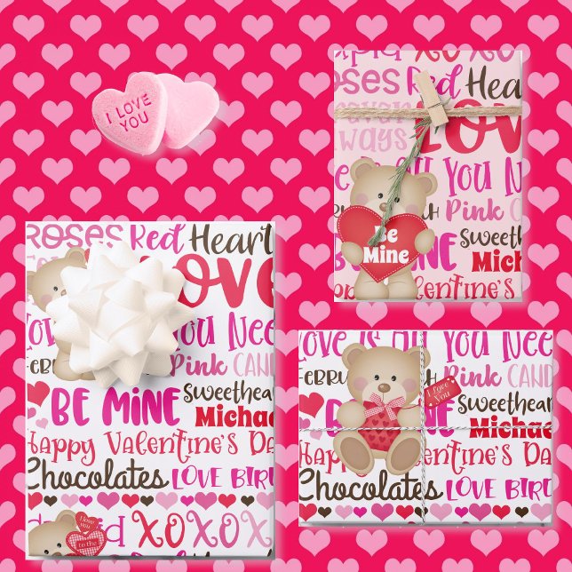 Valentine's Day Personalize Name Teddy Bear Hearts Wrapping Paper Sheet (Creator Uploaded)