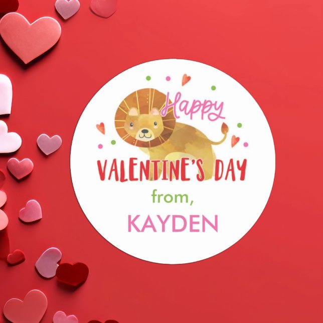 Valentine's Day Personalized Lion Treat   Classic Round Sticker (Creator Uploaded)