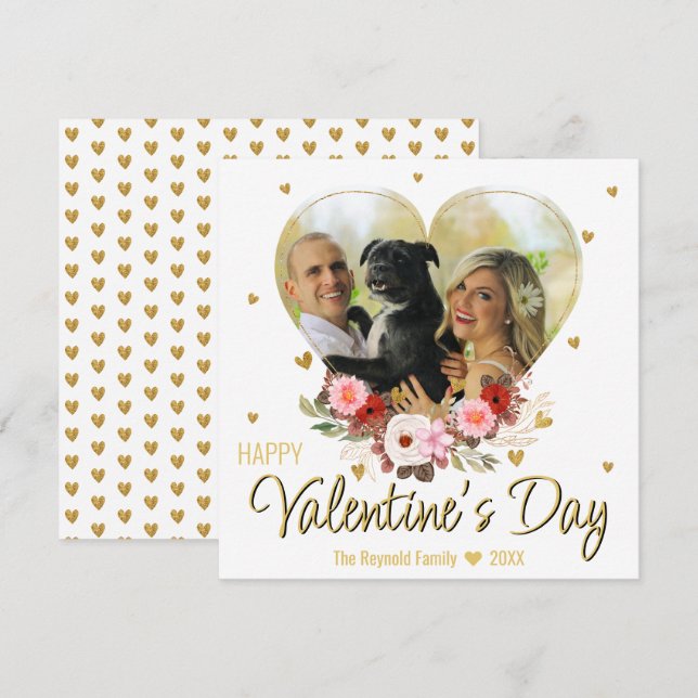 Valentine's Day Photo Heart Gold Glitter Hearts Holiday Card (Front/Back)