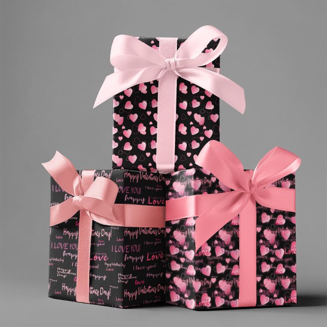 Valentine's Day Pink and Black Hearts Script love  Wrapping Paper Sheet (Creator Uploaded)