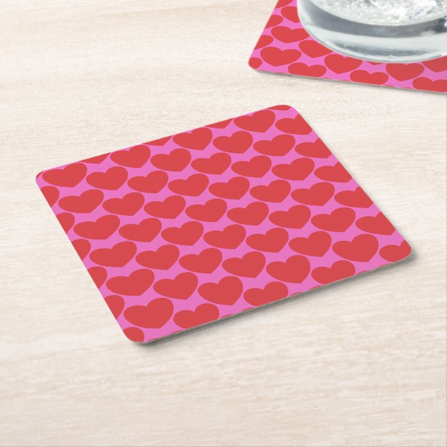 Valentine's Day Pink and Red Heart Pattern Party Square Paper Coaster (Angled)
