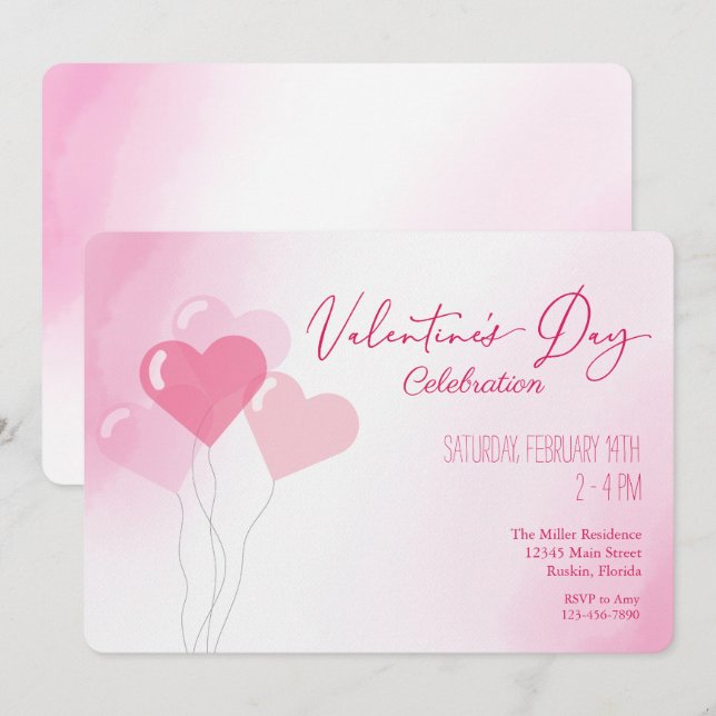 Valentine's Day Pink Balloons Watercolor Party Invitation (Front/Back)
