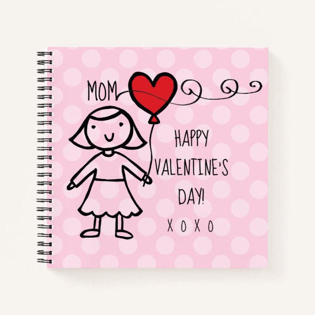 Valentine's Day Pink Dots Red Heart Mom Cartoon Notebook (Front)