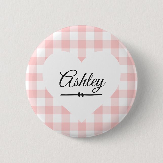 Valentine's Day Pink Gingham Heart Custom Name 2 Inch Round Button (Front)