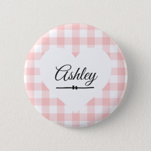 Valentine's Day Pink Gingham Heart Custom Name 2 Inch Round Button