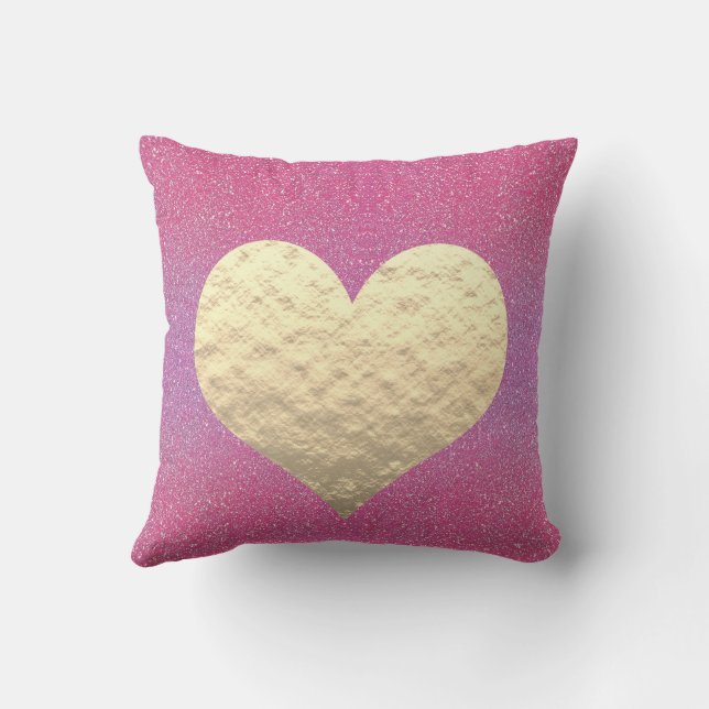 Valentine's Day Pink Glitter Golden Heart Cute Gif Outdoor Pillow (Back)