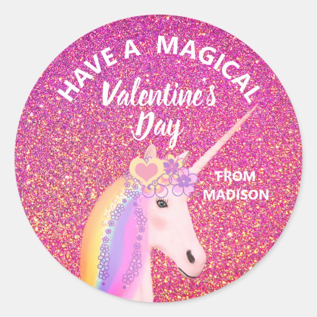 Valentine's Day Pink Glitter Unicorn Personalized Classic Round Sticker (Front)