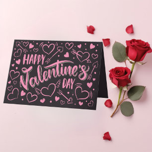 Valentine's Day Pink Heart Black Chalkboard Style Holiday Card