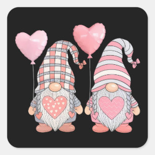 Valentine's Day Pink Heart Couple Gnome Balloons Square Sticker