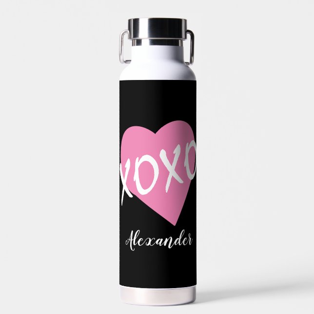 Valentine's Day Pink Heart Kisses Hugs XOXO Black Water Bottle (Front)
