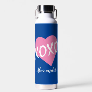 Valentine's Day Pink Heart Kisses Hugs XOXO Blue Water Bottle