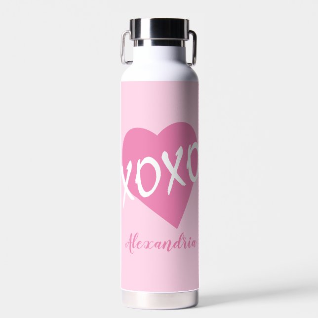 Valentine's Day Pink Heart Kisses Hugs XOXO Pink Water Bottle (Front)