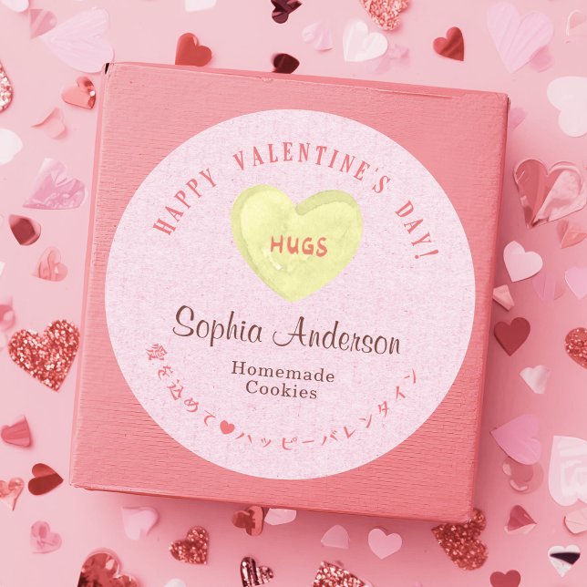 Valentine's Day Pink Kraft Heart Candy Hugs Classic Round Sticker (Creator Uploaded)