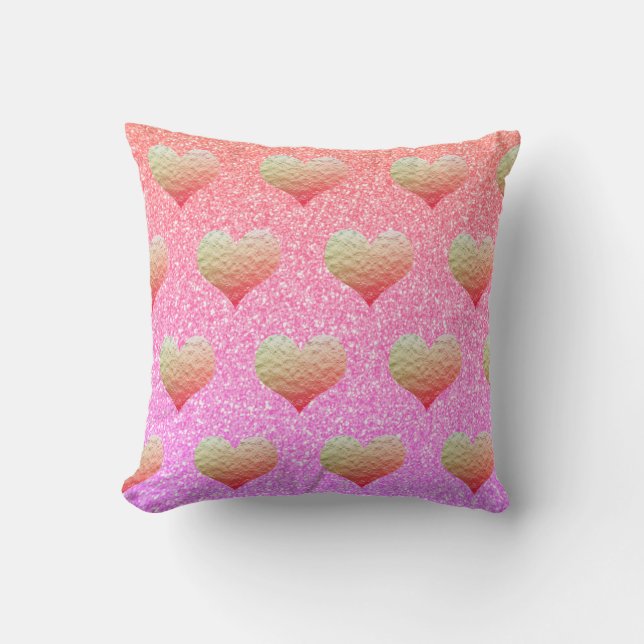Valentines Day Pink Purple Glitter Gold Heart Outdoor Pillow (Front)