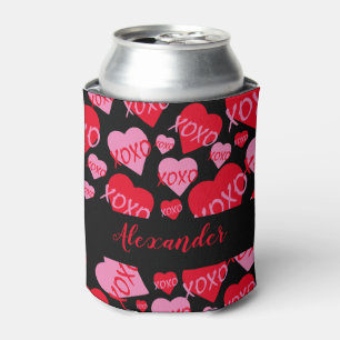Valentine's Day Pink Red Heart XOXO Pattern Black Can Cooler