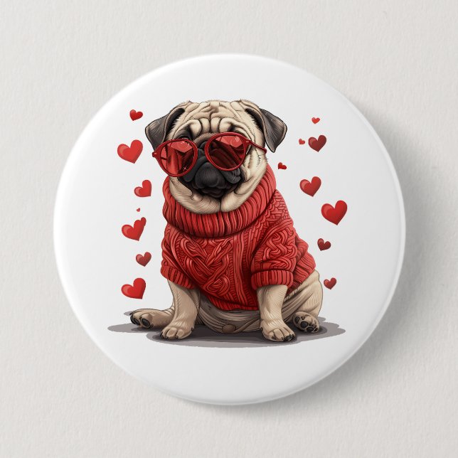 Valentines Day Pug Dog 3 Inch Round Button (Front)