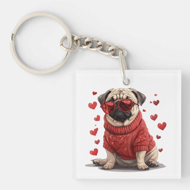 Valentines Day Pug Dog Keychain (Front)