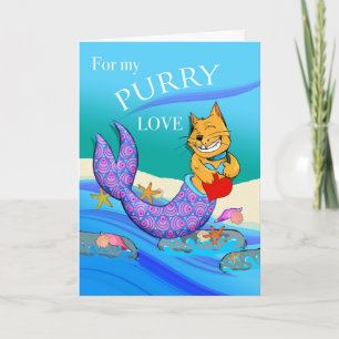 Valentine's Day Purrmaid, Mercat with Heart Card