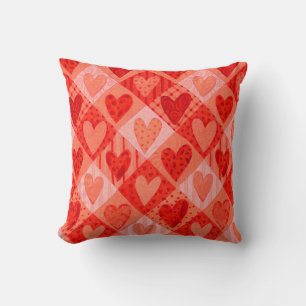 Valentine's Day Red and Pink Patchwork Hearts Throw Pillow