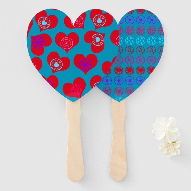 Valentine's Day Red Aqua Hearts Hand Fan (Front and Back)