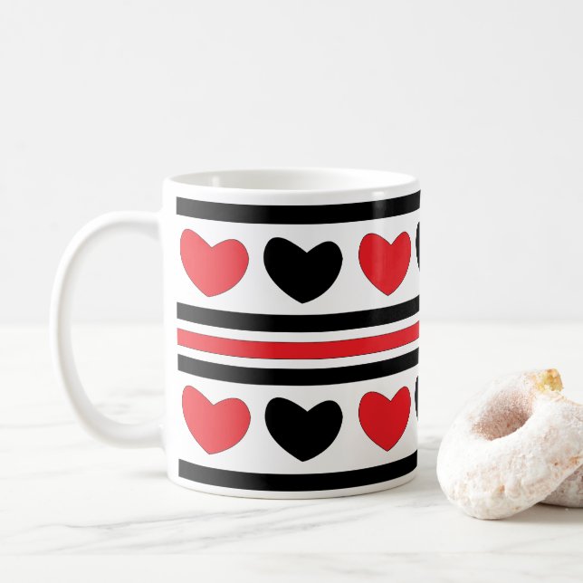 Valentines Day Red Black Hearts Stripes Pattern Coffee Mug (With Donut)
