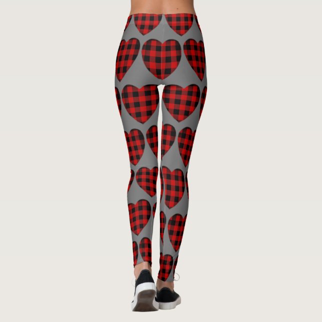 Valentines Day Red Buffalo Plaid Heart Pattern Leggings (Back)