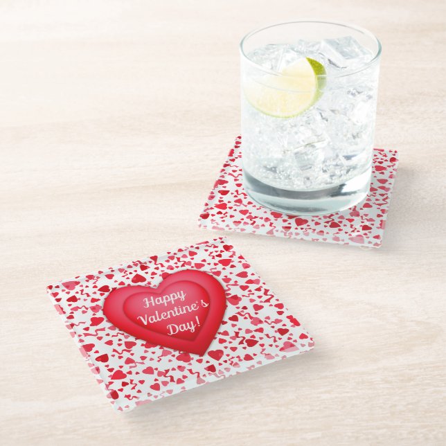Valentine's Day Red Confetti Hearts Pattern Glass Coaster (Angled)
