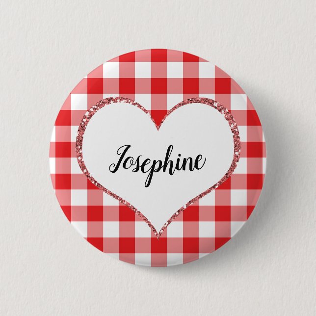 Valentine's Day Red Gingham Heart Custom Name 2 Inch Round Button (Front)