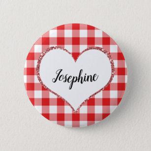 Valentine's Day Red Gingham Heart Custom Name 2 Inch Round Button